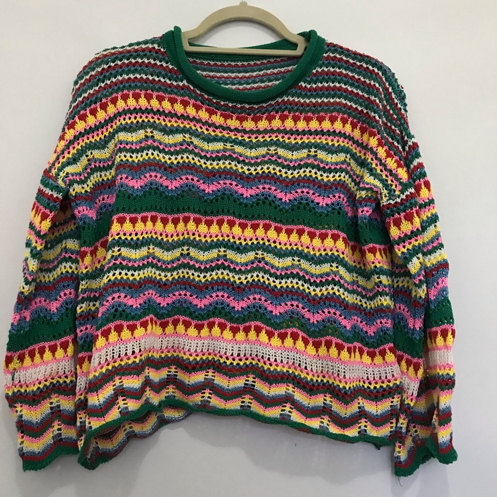 Handknit Multicolor Crochet Wave Knit Sweater - Green Trim